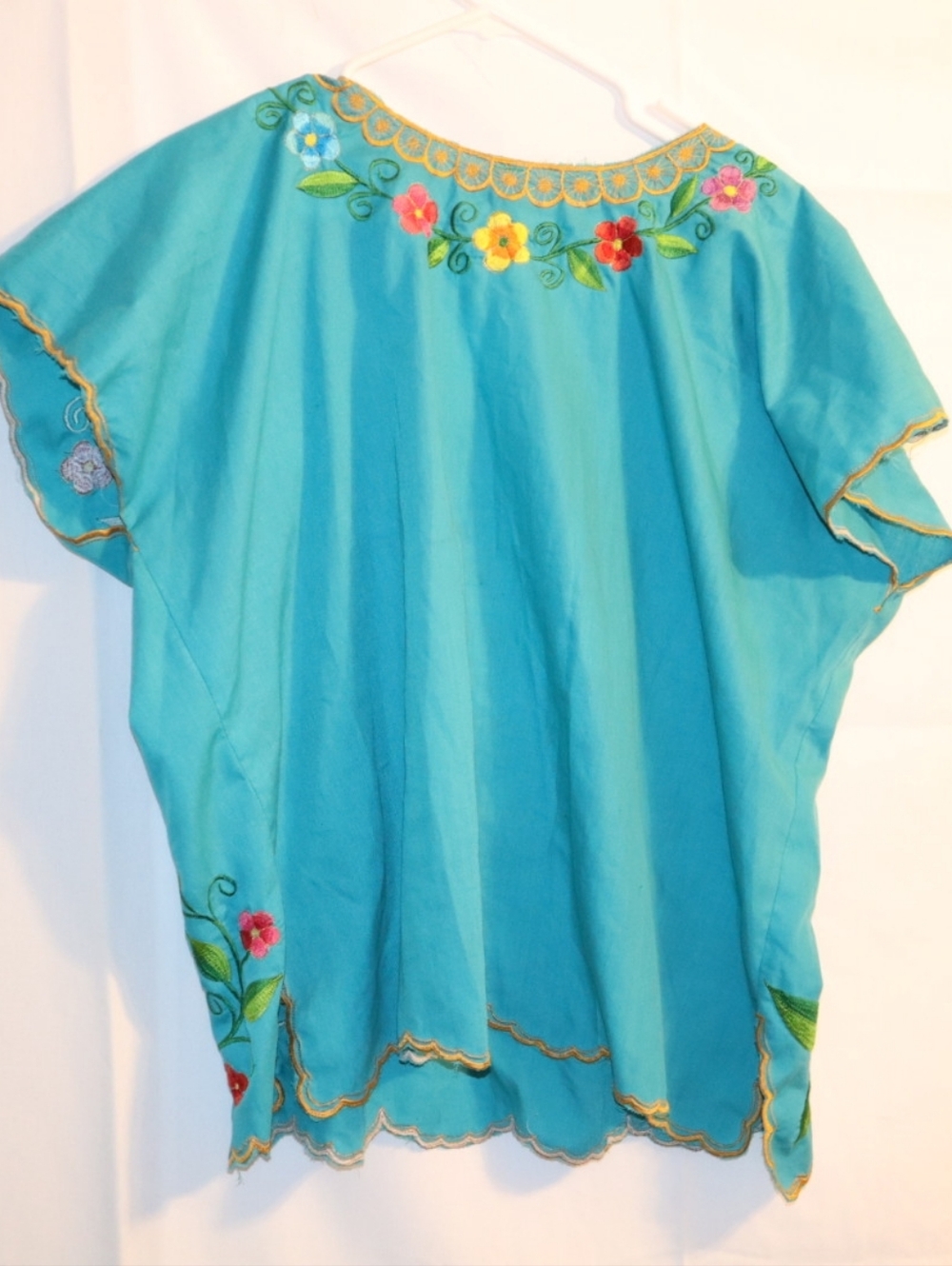 Teal Mexican Embroidered Blouse – Artisan Cotton Peasant Top, Boho Fiesta Sz 18 - Picture 4 of 10